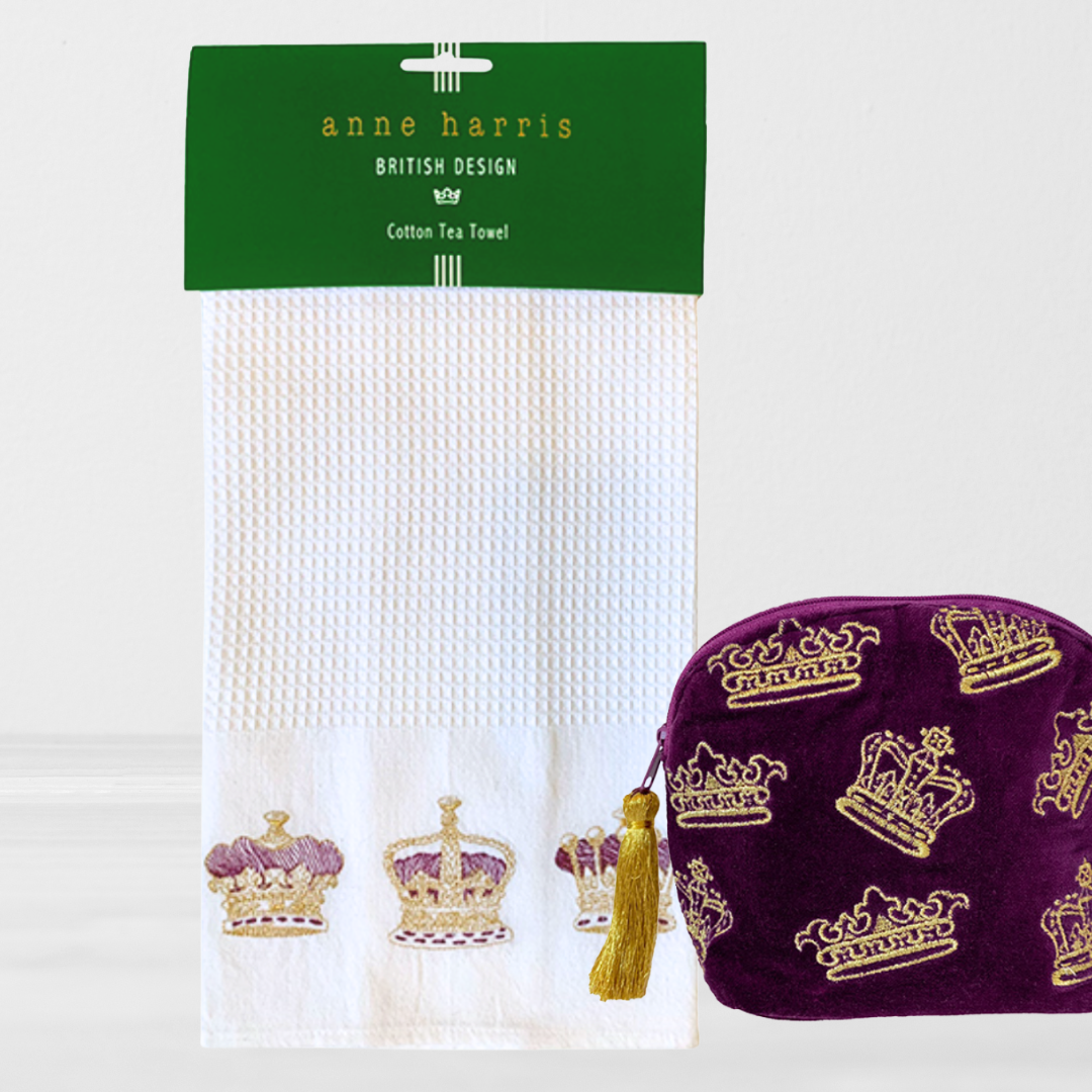 100% cotton waffle-weave tea towel with exquisite embroidered St. Edward’s Crowns in royal gold, purple, and silver thread. Luxury purple velvet accessory pouch with detailed gold-thread crown embroidery and silk tassel—part of the 2026 Centenary Collection.