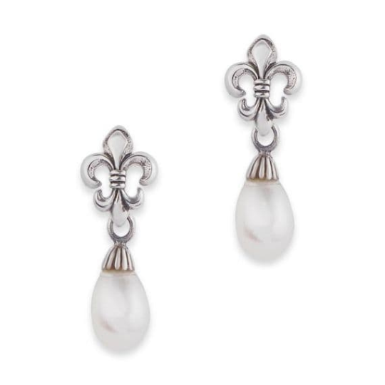 Fleur De Lis Silver Stud Earrings with Pearl