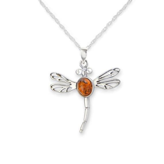Outlander Inspired Dragonfly Silver Pendant with Amber